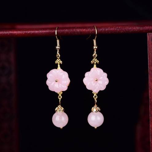 18K Gold Plated Pink Agate Flower Dangle Drop Earrings for Women,Flower Earrings
