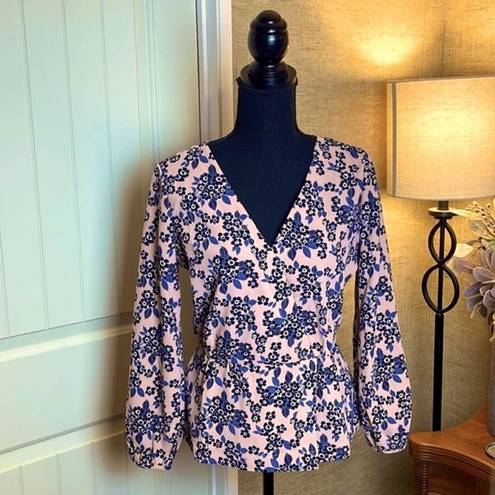 J.Crew  Size 4 Surplice Peplum Floral Top Pink Blue Spring Flowers Tailored