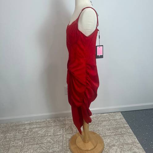 Pretty Little Thing Red Strappy Satin Gathered Midi Dress in Red