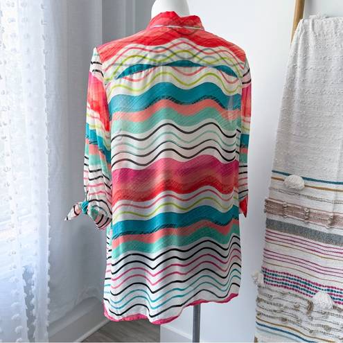 Chico's Chico’s Watercolor Striped 3/4 Tie-Sleeve Button Down Chiffon Shirt Size 3 XL