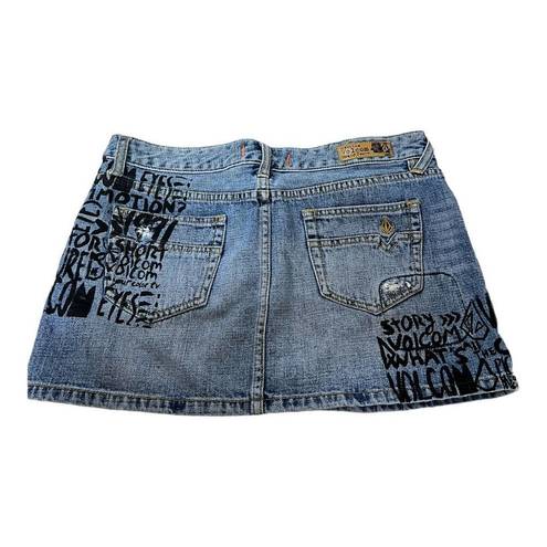 Volcom  Women's Blue Mini Denim Skirt Size 7 Distressed and Writing Pattern