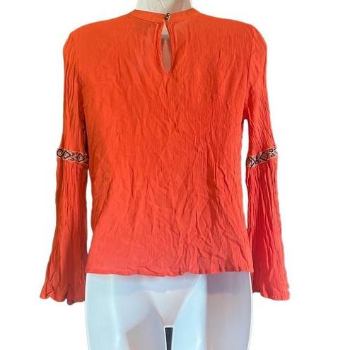 Rock & Roll Cowgirl  Womens Small Orange Aztec Embroidered Keyhole Boho Blouse Top