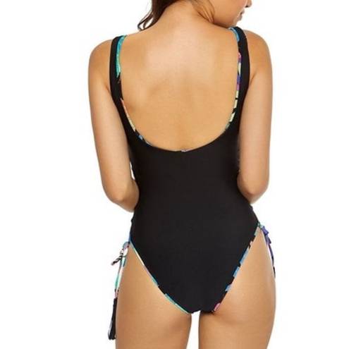 PilyQ  BLACK FLORAL Aralia Lace Up Reversible Lola One Pice Swimsuit