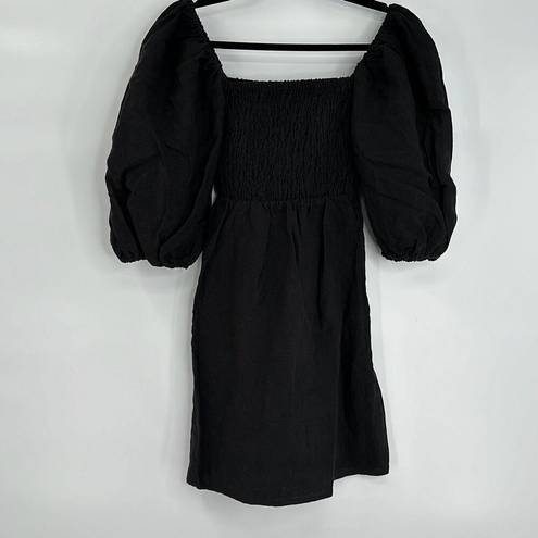 Tuckernuck  Womens Black Linen Annie Smocked Puff Sleeve Mini Dress Size XS