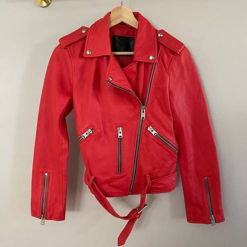 ALL SAINTS Balfern Coral Red Long Sleeves Zip Up Lamb Leather Jacket Size 4