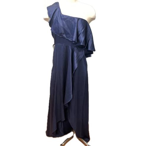 Alexis  Austyn 100% Silk Navy One Shoulder Ruffle Asymmetrical Maxi Gown Dress L