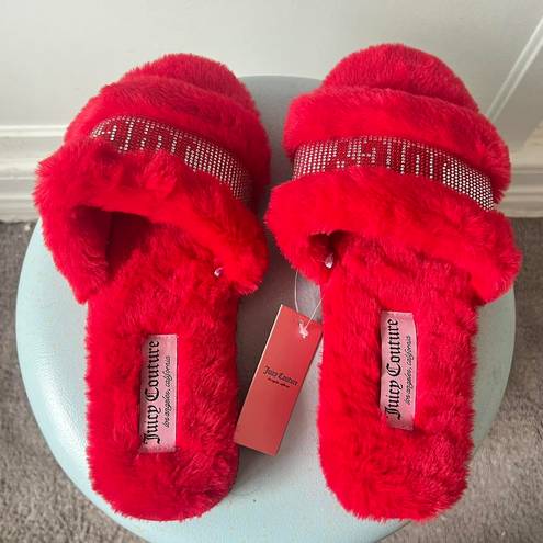 Juicy Couture fur slippers red silver rhinestone brand new y2k