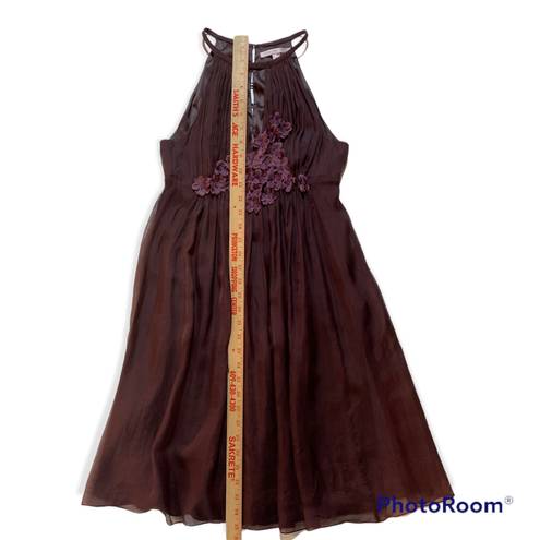 Rebecca Taylor Cocktail Dress 100% Silk Sz 2 Plum Purple Flower Appliqués