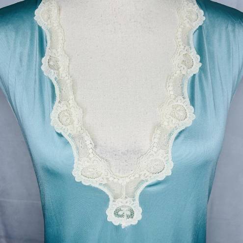 Vassarette  Long Teal Nightgown Lace Trim Sleeveless Made USA Vintage Size S