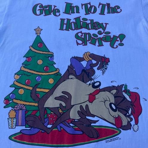 Looney Tunes Vintage 1995 Christmas Taz Give In To The Holiday Spirit White Graphic T-shirt