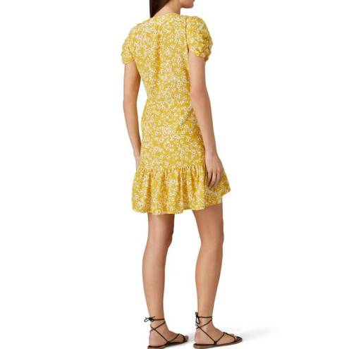 Wish Golden Bloom Floral Short Sleeve Dress V-Neck Ruffle Hem Mustard Yellow szL