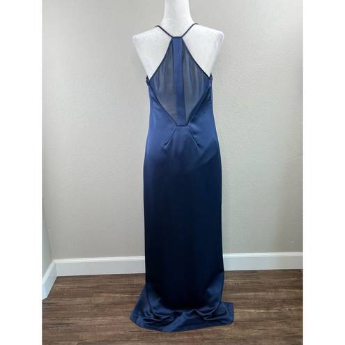 Halston Heritage  Navy Blue Satin Illusion-Back Slit Slip Gown Size 6 New