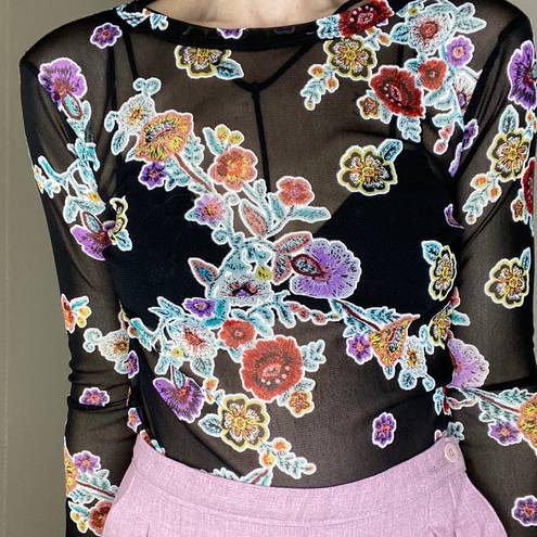 Ginger G Retro Colorful Sheer Floral Crop Shirt