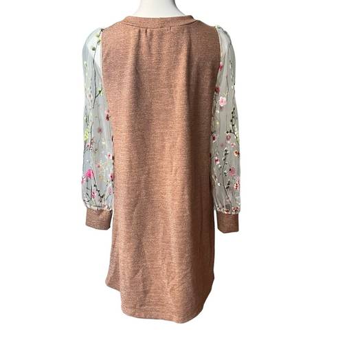 Renee C . Brown Metallic Dress with Sheer Mesh Embroidered Long Sleeves; Sz M