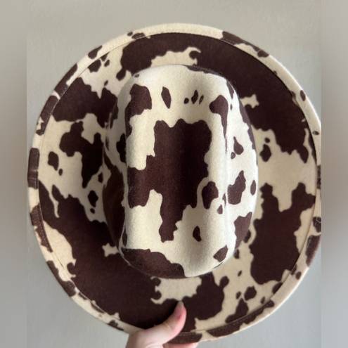 Free People  Milk Money Cowboy Rancher Hat Wool Felt Cow Print Brown Ivory