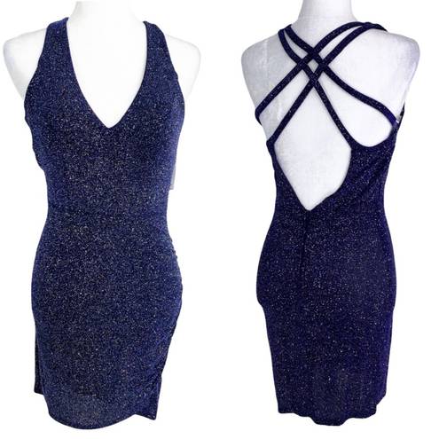 Midnight Doll  V-Neck Strappy Back Glitter Ruched Bodycon Dress Navy 3 Junior NWT