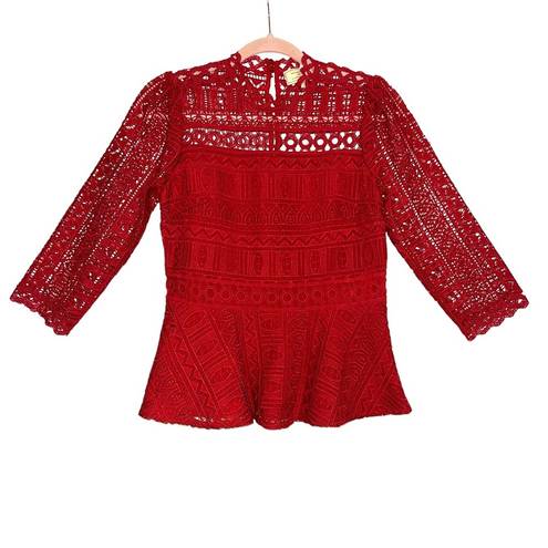 Moulinette Soeurs Anthropologie  Tamera Red Lace 3/4 Sleeve Peplum Top US 2