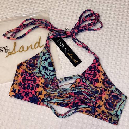 Gypsy 05 NEW!  SAND Bikini Size Small Crochet Halter Top Mosaic Pink Aqua Orange