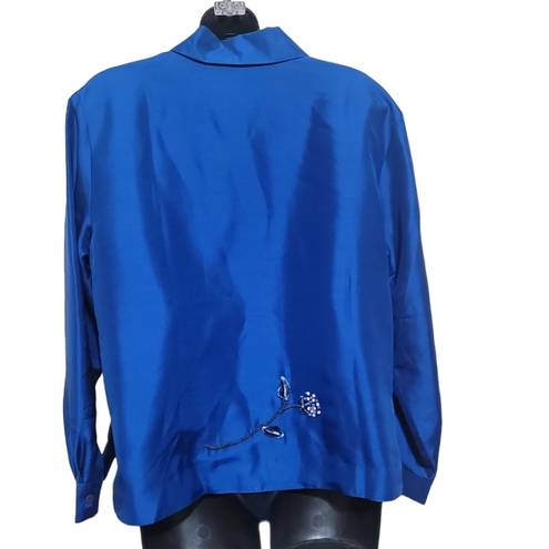 Coldwater Creek  Women's Blue Embroidered LongSleeve 100% Silk Blouse Sz PLarge