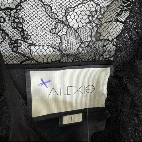 Alexis  Silk Lace Trim Mock Neck Blouse with Faceted Buttons Black Size L