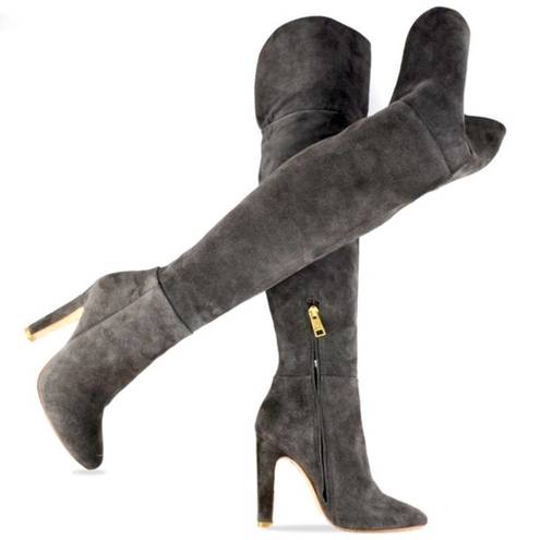 Joie Bentlee Dark Gray Suede Over The Knee Zip 4.25" Thick Heeled Boots 37 7