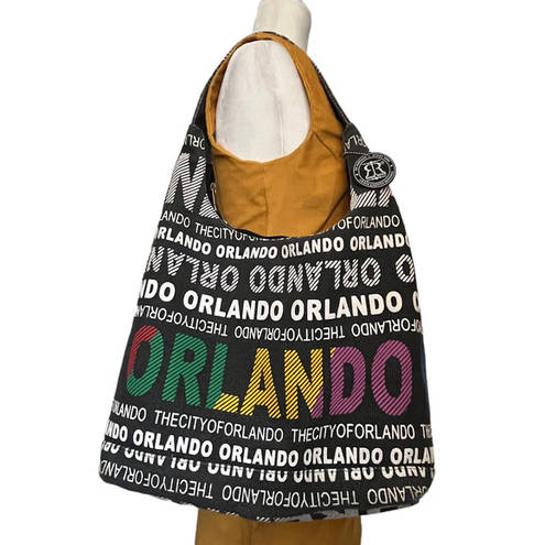 Robin Ruth  ORLANDO Hobo Large Shoulder Bag Black Canvas Texture Lettering Tag