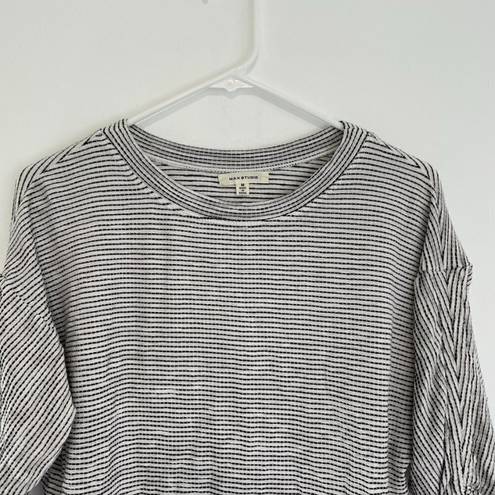 Max Studio  Rib Knit 3/4 Sleeve Top White Black Textured Striped Cinched Bow Tee