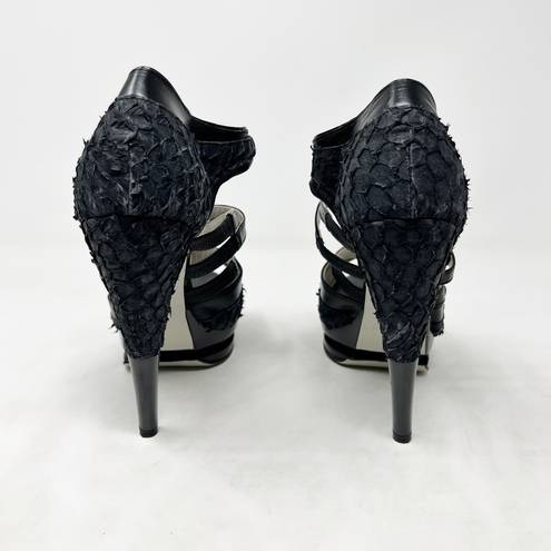 Jason Wu [] Black Textured Embossed Leather Strappy Sandals Platform Heels Sz 39