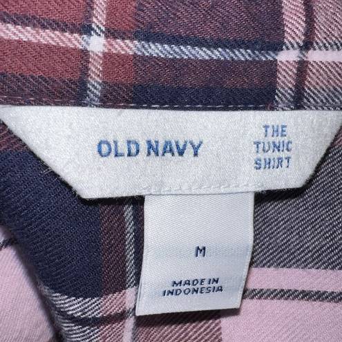 Old Navy  The Tunic Flannel  Shirt Womens Size M Pink Maroon Navy Blue Plaid L/S