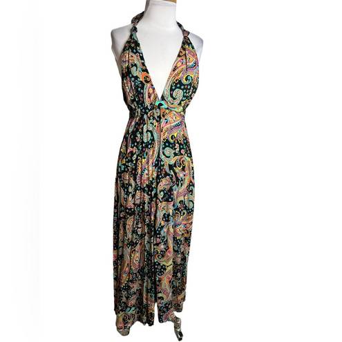 Luli Fama NWOT  Gypsy deep plunge halter maxi dress sz S