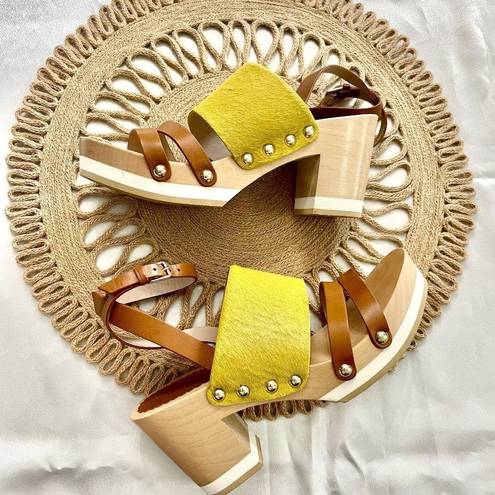 Furla  Yellow Calfhair Brown Leather Gina Wooden Clog Sandal Size 38