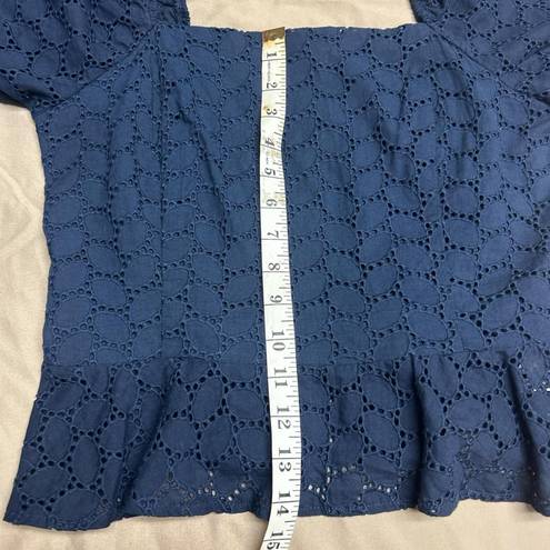 Draper James  Navy Blue Puff Sleeve Square Neckline Peplum Hem Eyelet Top size M