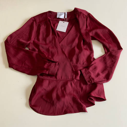 L'Academie NEW  The Long Sleeve Wrap Satin Blouse Shirt Cabernet Red Medium