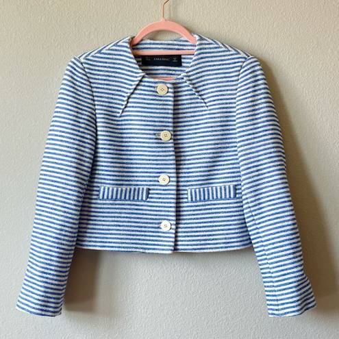 ZARA  Basic Blue Tweed Cotton Striped Cropped Blazer Jacket Size S