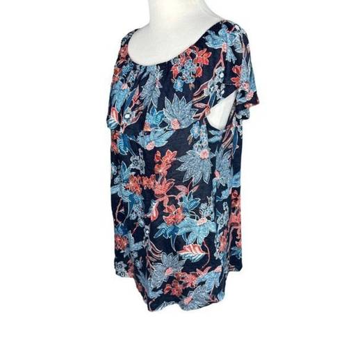 J.Jill  Love Linen Sarasa Womens Ruffled Tropical Print Top‎ Navy Blue Size Large