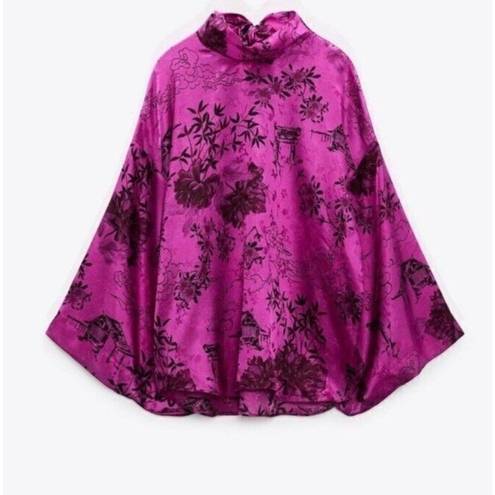 ZARA NWT  FUCHSIA JACOUARD SATIN PRINTED JAPANESE BLOUSE Sz SMALL