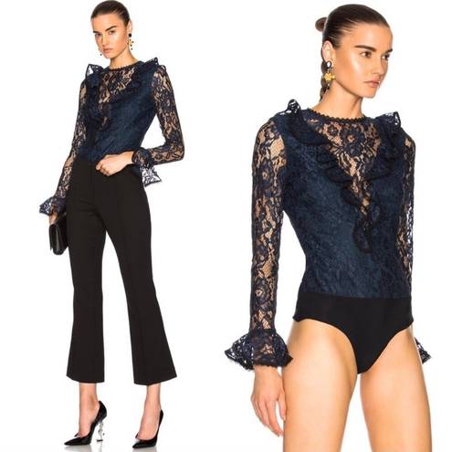 Alexis  Small Lace Bodysuit Long Ruffle Sleeve Pollie Navy Blue Black Flare Bell