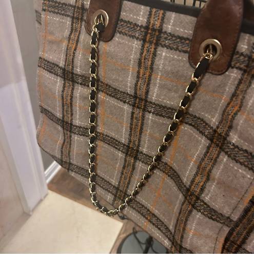 Krass&co Jen &  Oversized plaid retro flannel tote bag, chain straps, 90s, academia