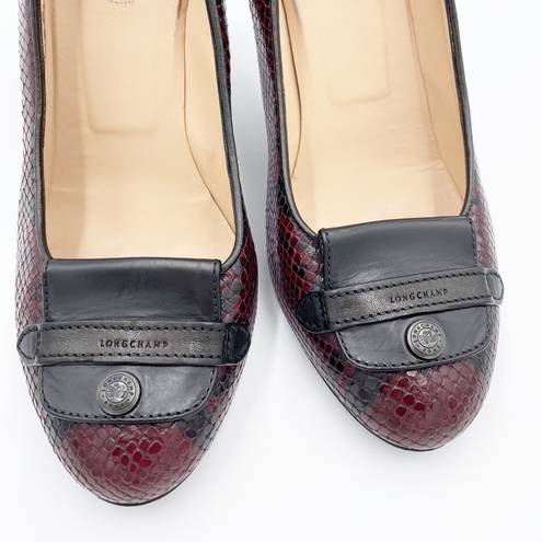 Longchamp  Women's Burgundy Red Snakeskin Embossed Logo High Heels Pumps 37