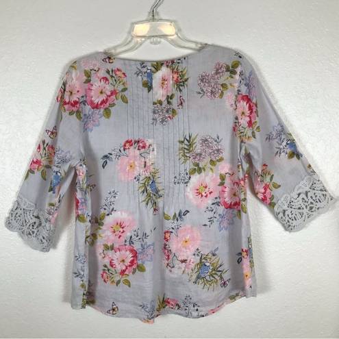 J.Jill  Love Linen floral 3/4 sleeve crochet sleeve blouse M