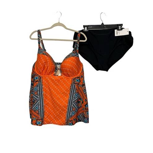 Cacique Swim by  Orange Paisley Padded Bra Tankini EUC + Black Bikini Bottom NWT