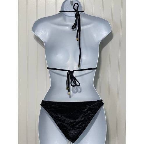 Onyx Shan Velvet Velour Triangle Swim Bikini Set  Black Top & Bottom Size 8