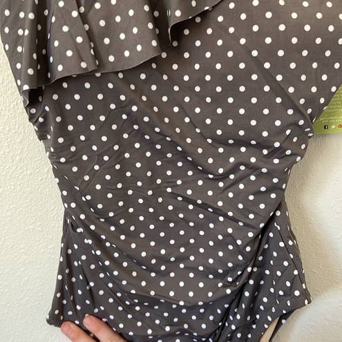 Garnet Hill NWT  Asymmetric One Shoulder Ruffle Polka Dot Grey Swimsuit Ruching 8