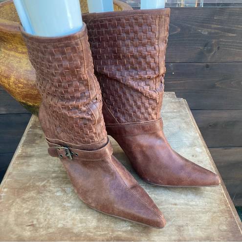 Rsvp  Heeled Boots brown woven leather western pointy buckles slouchy size 10