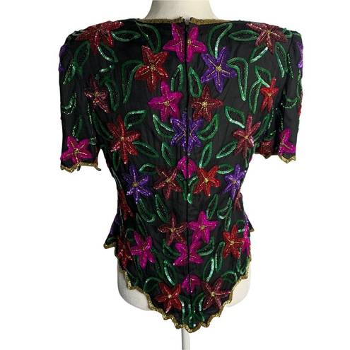 Laurence Kazar Vintage  Sequin Silk Blouse L Black Floral Zip Back Short Sleeves