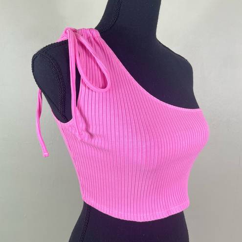 Aerie  Neon Pink One Shoulder Ribbed Rebel Tie Shoulder Cropped Tank