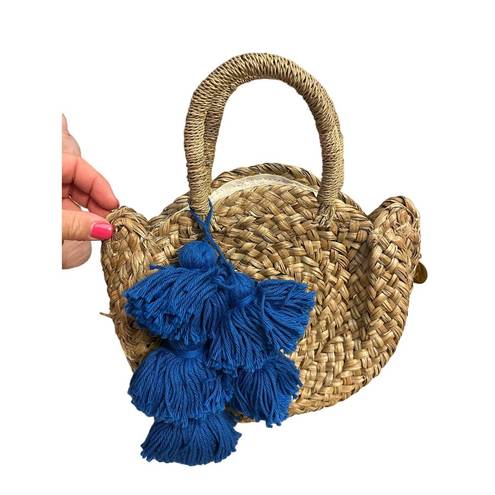 Krass&co Brunna . Rounded Small Straw Tote Purse with Blue Tassels