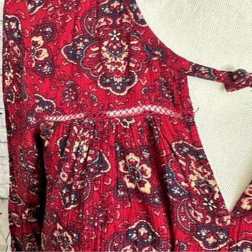 American Eagle Size XXS Burgundy Floral Keyhole Neck Ladder Cut Outs Mini Dress