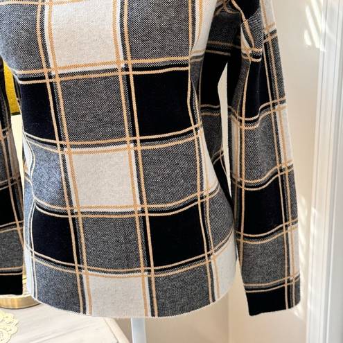 Tahari  Window Pane Plaid Black White Yellow Long Sleeve Mock Neck Sweater L