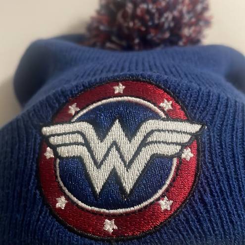 DC Comics Wonder Woman Beanie Hat Super Comic WW embroidered star logo Blue Red Pom OSFM